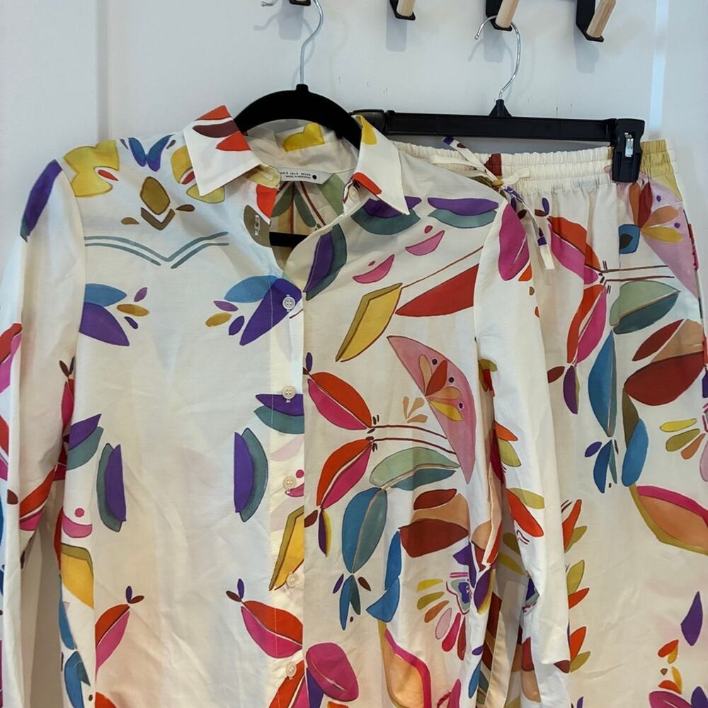 Zara Cream Printed Poplin Shirt and Wide Leg Pants Set Small - Picture 3 of 12